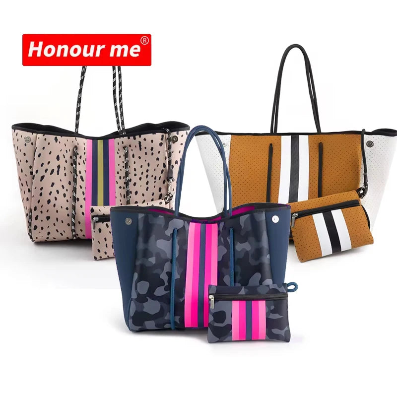 Wholesale Printed Neoprene Bag for Women Fashion Branded Beach Handbag Waterproof Neoprene Beach Tote Bag in Stock to Sell