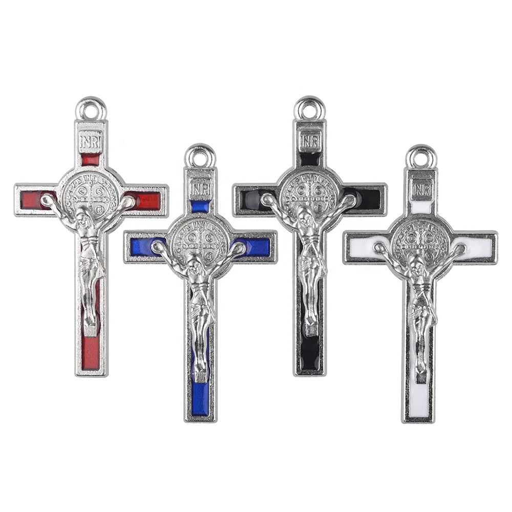 Catholic St Benedict 53mm Crucifix Rosary Religious Plated Metal Charm Cross Pendant in Black Red Blue-for Jewelry Making