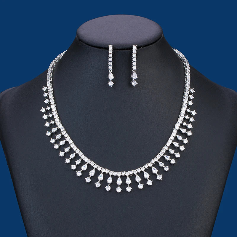 Versatile White Bride Jewelry Set Lover Shape Pattern Necklace Earrings CZ Zircon Wedding Party Attire Engagement Anniversary