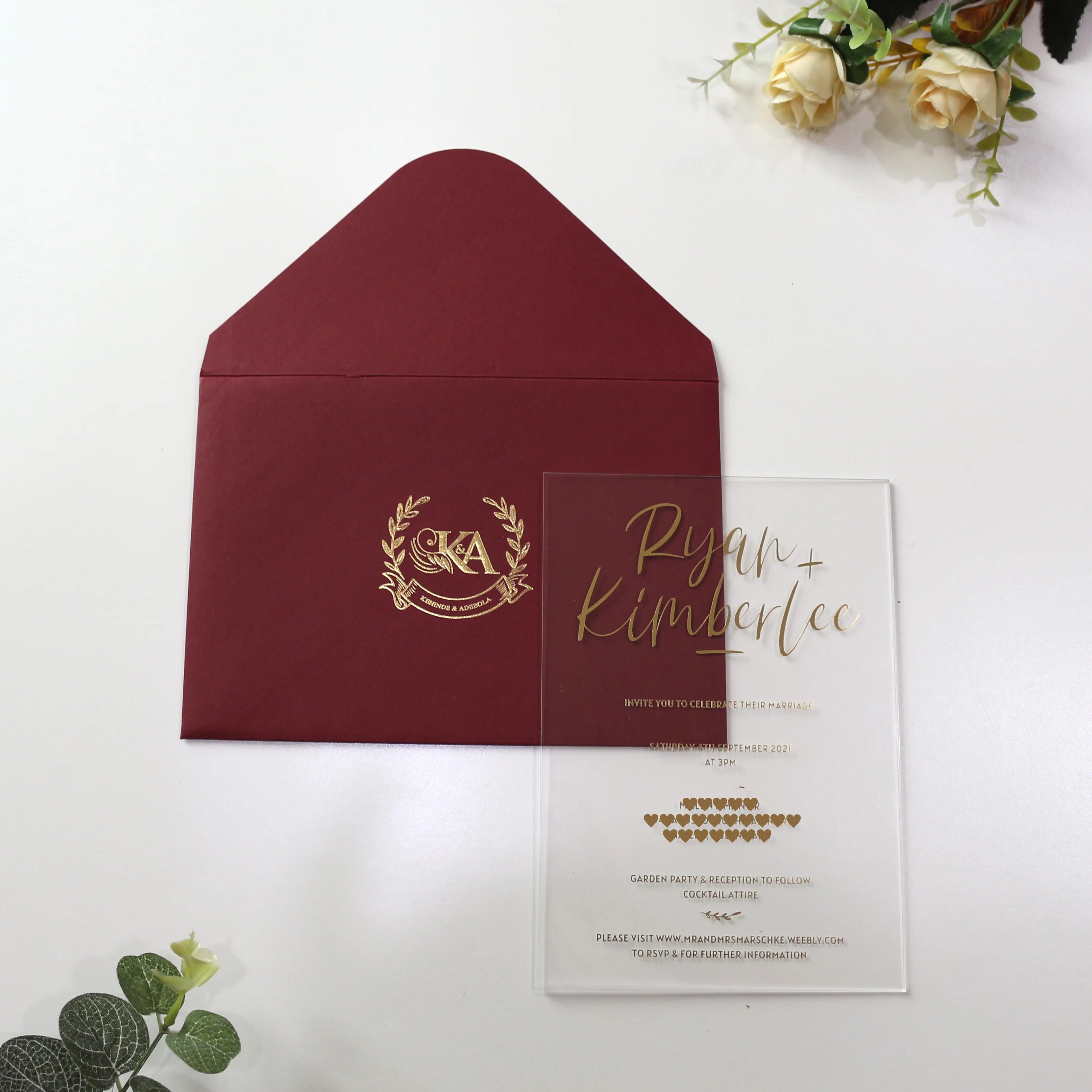 Custom Printing Burgundy Envelope Wedding Card clear Acrylic Invitation Cards