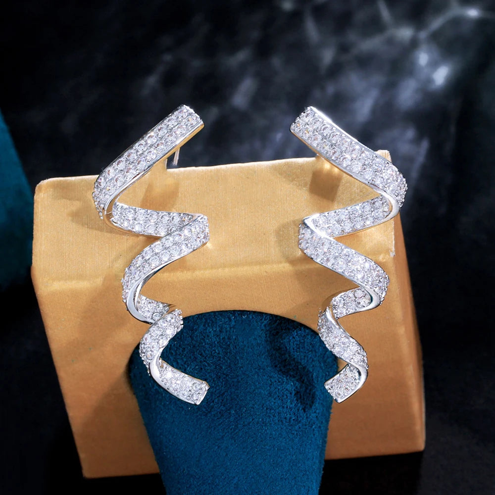 Rotational Ribbon Shape Full White Cubic Zirconia Paved Long Dangle Drop Earrings for Women Unique Designer CZ Party Jewelry