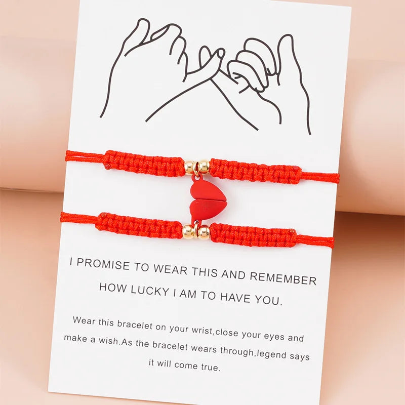 2Pcs/Set Paper Card Love Rope Bracelets Chinese Knot Braided Hand-Woven Couple Accessories Adjustable Magnetic Heart Bracelet