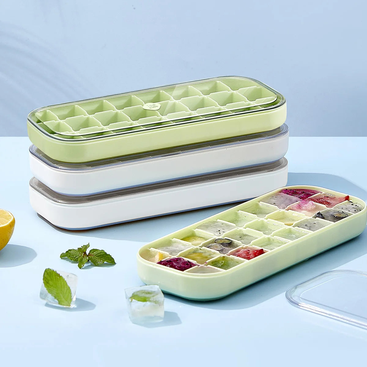 Custom Durable Stackable Plastic Soft Sole Ice Cube Mold Refrigerator Mini Square Easy-Release Ice Tray with Removable Lids