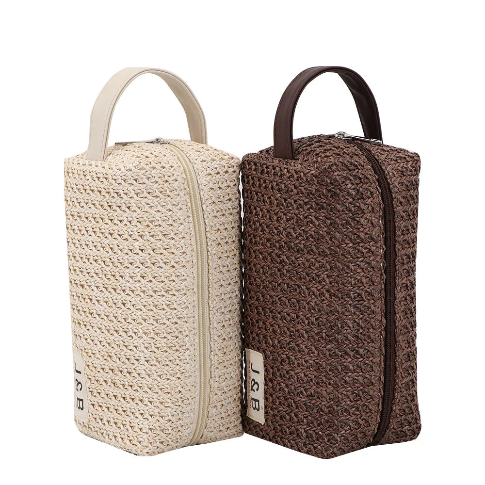 Wholesale Travel Straw Toiletry Make up Bags with Carry Handle Manufacturer Custom PP Woven Toilet Wash Bag for Women Gift
