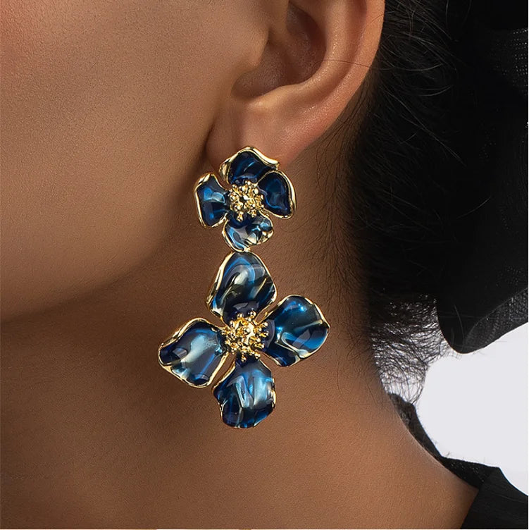 Vintage Custom Metal Enamel Multiplelayers Flower Big Earrings for Women Gold Color Geometric Statement Fashion Jewelry Earring