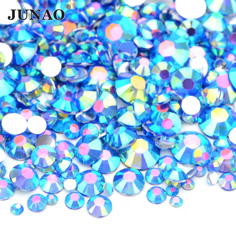 JUNAO Mixed Size Resin Rhinestones Non Hotfix 2mm 3mm 4mm 5mm 6mm Flatback Jelly Stones Transparent AB Crystal for Manicure