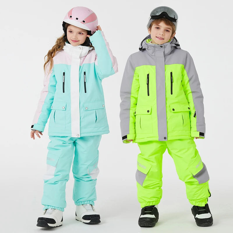 Unisex Kids Winter Ski & Snowboard Gear Breathable Windproof Waterproof Jacket with Strap Pants Printed Design for Boys & Girls