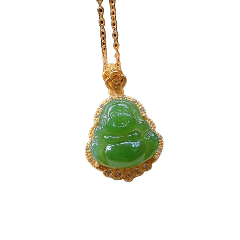 Green Nephrite Jade 925 Silver Inlaid Small Laughing Jade Buddha Necklace Pendant Jewelry MegaBDM