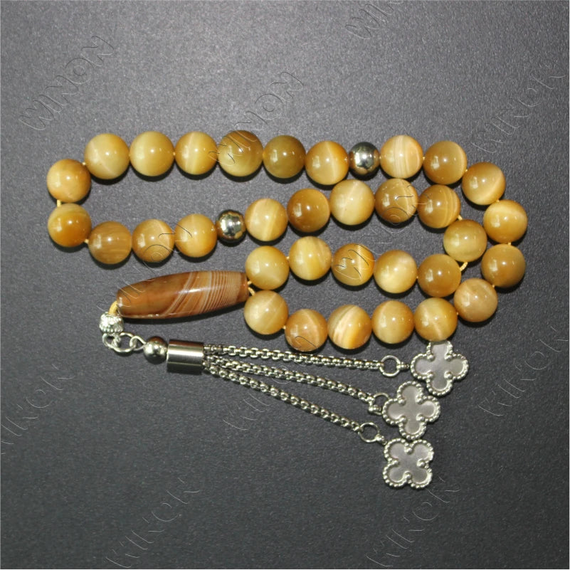 10mm 33 Beads Highest Grade Natural Golden Tiger Eyes Tasbih Stainless Steel Muslim Man's Misbaha Prayer Beads 33 Arabic Fashion