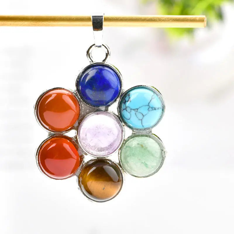 Copper Bezel with Silver Color Plating Stone Chakra Crystal Stone Round Pendant