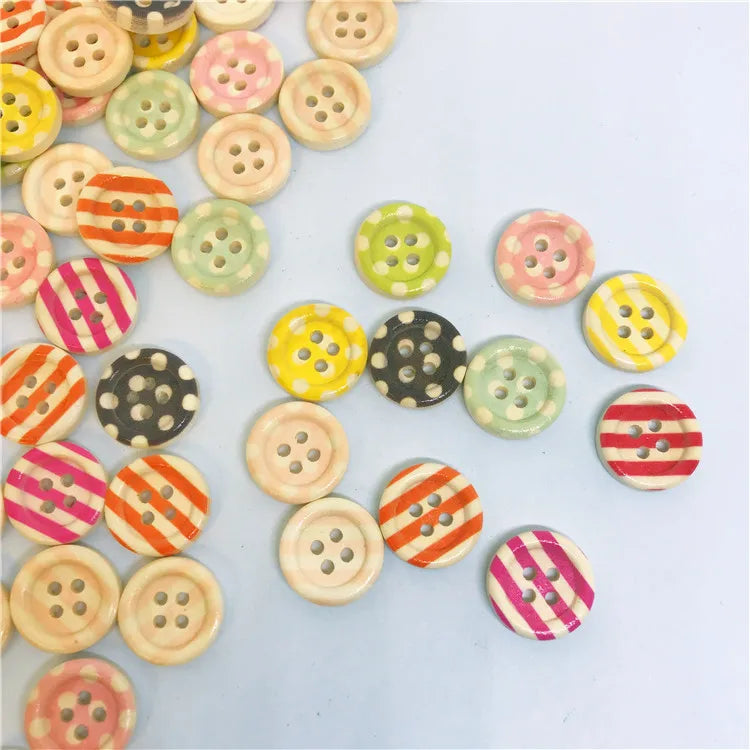 Hot Selling 4 Hole Dot Stripe Printed Craft Round Natural Wood Buttons for Children Sweater