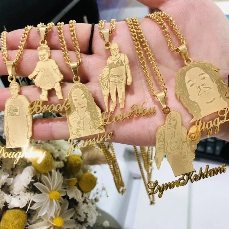 Custom Portrait Name Pendant Necklace Personalized Human Picture Photo Necklace Stainless Steel Cuban Chain Jewelry Best Gifts