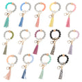 Silicone Beaded Bracelet Keychain Wristlet Key Ring Bangle Chains for Women with Leather Tassel Wooden Beads Keyring