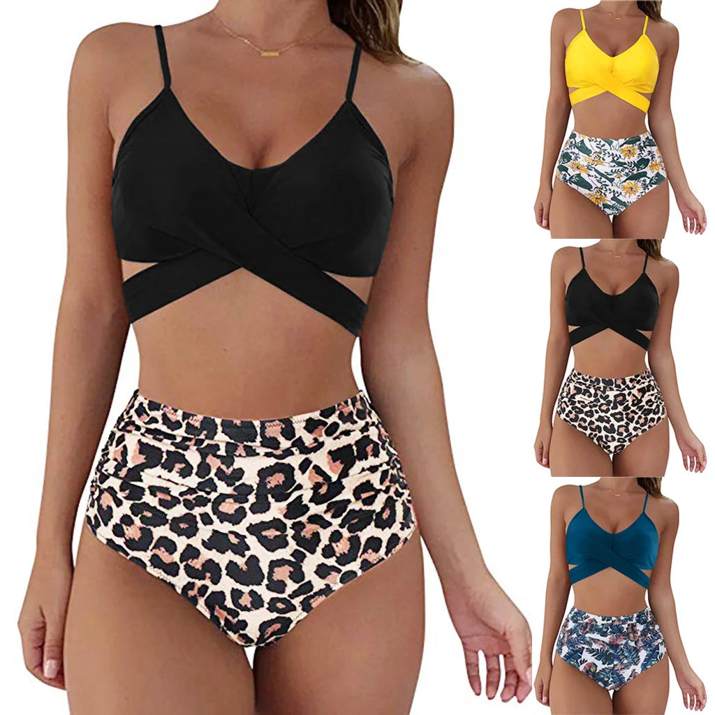 Printed Two Piece Bikini Swimsuit 34 Styles Optional With Strap Backless Cross Sexy Plus Size Swimwear  for Women