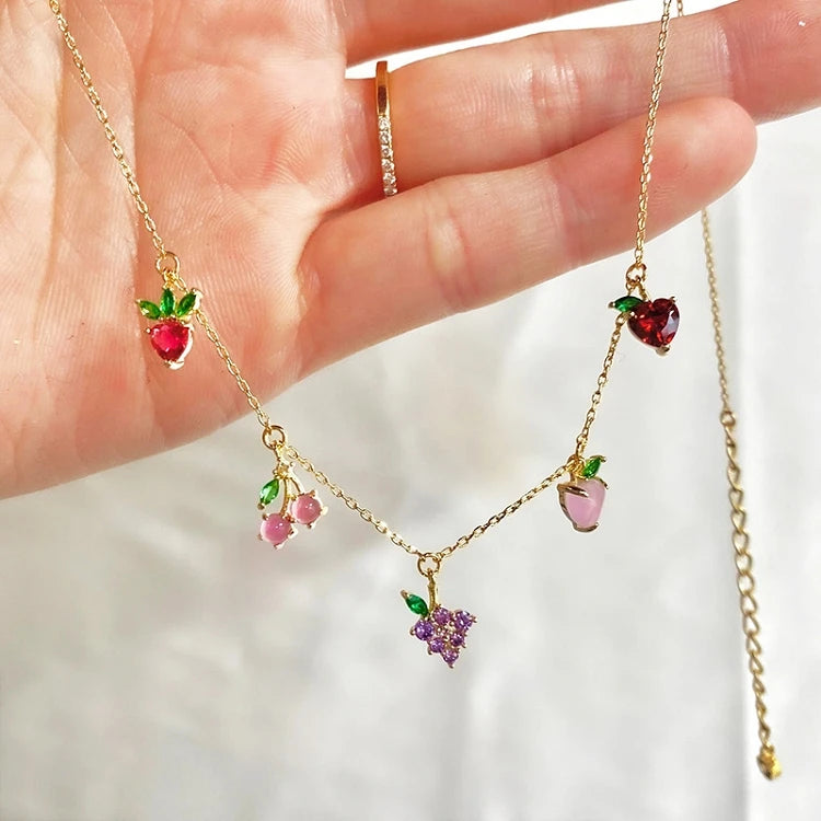 G279 Cute 18k Gold Plated Zircon Dainty Necklaces Cherry Fruit Pendant Charm Jewelry for Girl Clavicle Chain Fruit Necklace
