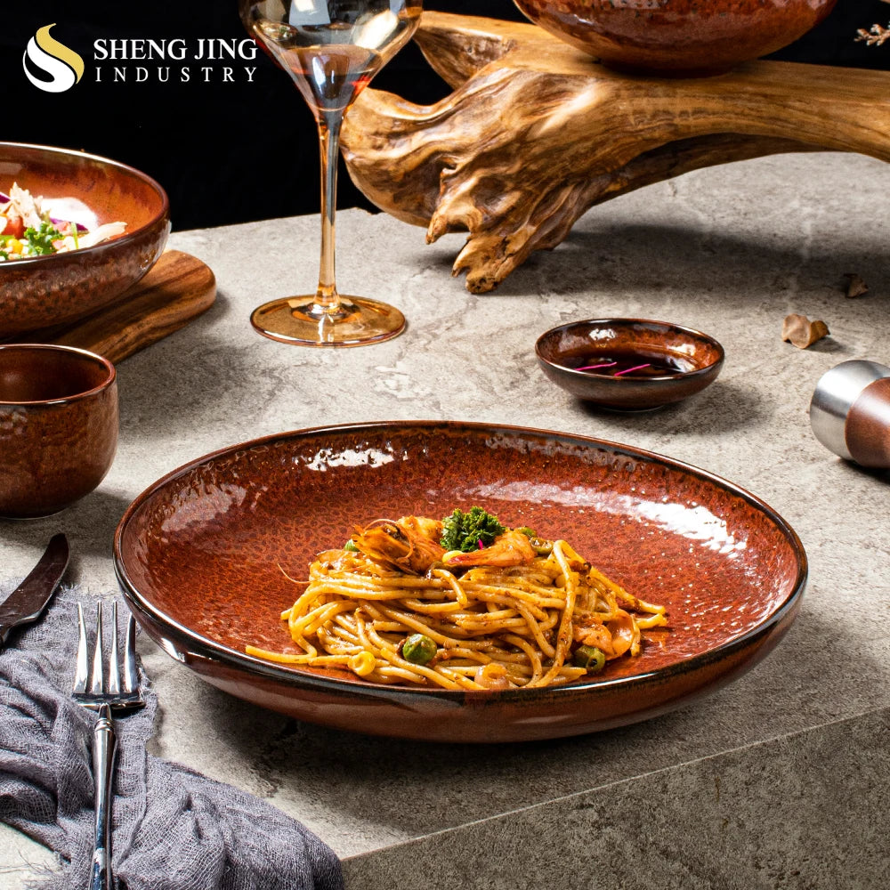 Wholesale Red Ceramic Glaze Hammered Design Round Deep Dishes & Plates Restaurant Hotel Porcelain Salad Bowl Set