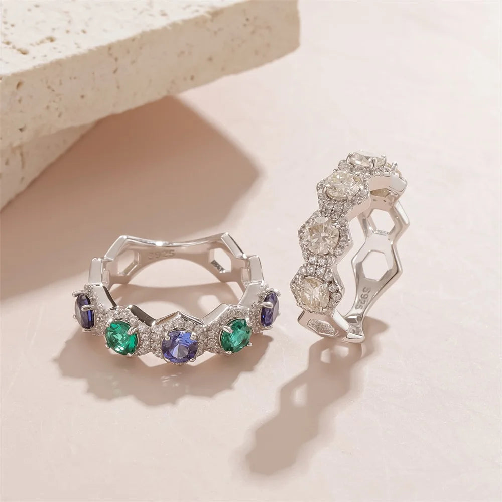 New Style Vintage Hexagon Design Five Stone Half Eternity Band 925 Silver Moissanite Zambia Lab Grown Emerald Halo Rings