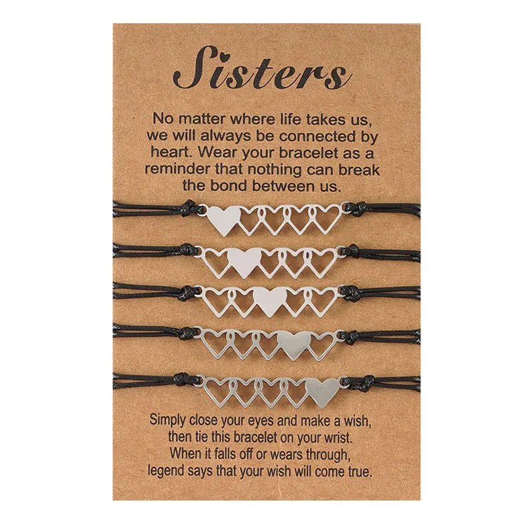 SC Hot Selling 5 Connecting Hearts Sister Bracelet Adjustable Leather Bracelet 5 Pcs Friendship Stainless Steel Heart Bracelets