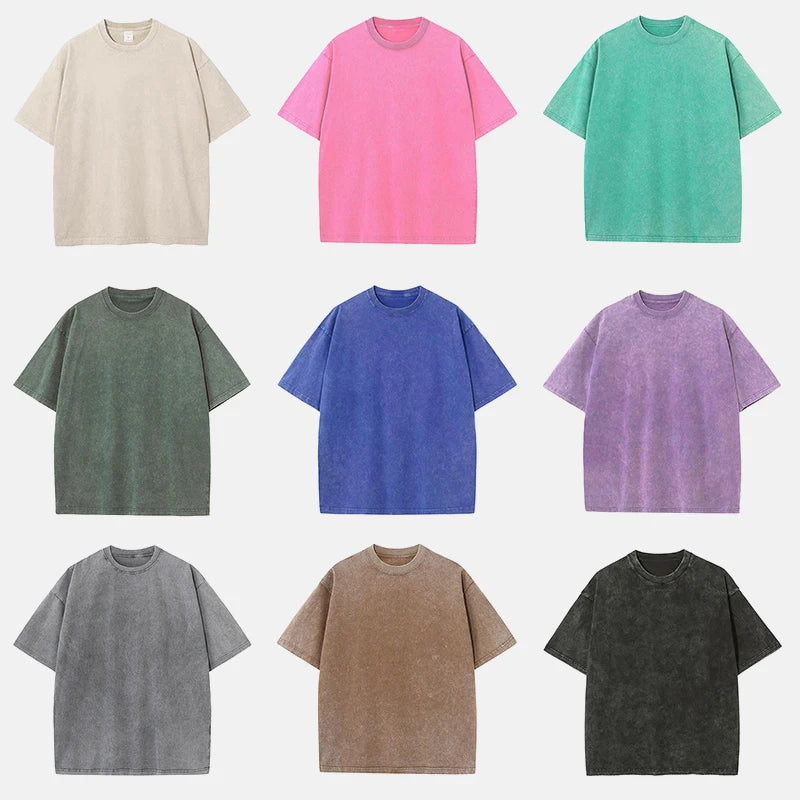 Men's 100% Cotton 230Gsm Oversized Acid Washed Faded Loose Casual Vintage Streetwear T-Shirts Solid Pattern Knitted Fabric