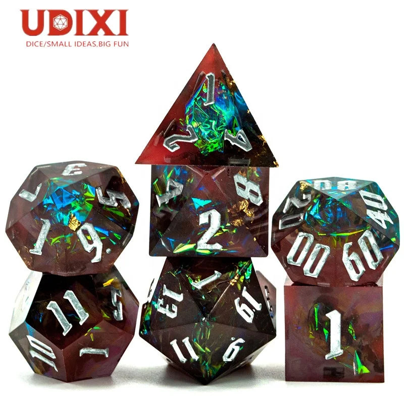 Udixi Resin Sharp Edge Dice Set RPG Dungeons and Dragons Custom logo Dice Red&Black