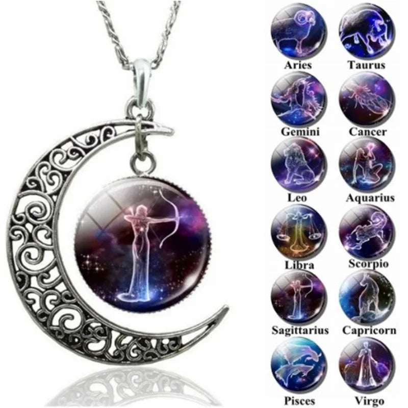 Foreign Trade New Starry Sky Animal Twelve Zodiac Moon Necklace Time Gem Pendant Necklace N206098 MegaBDM