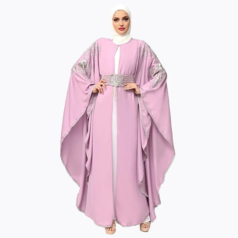 Luxury pink Kaftan Dresses Women Muslim butterfly Cut Embroidered batwing Sleeve Turkish Abaya Wholesale