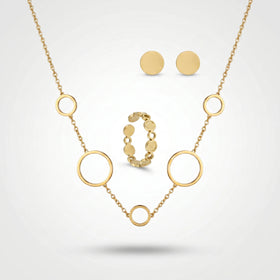 QIAOREN 11649 Versatile Gold Circle Jewelry Set 18K Stainless Steel Necklace Earrings Ring for Office Daily Wear