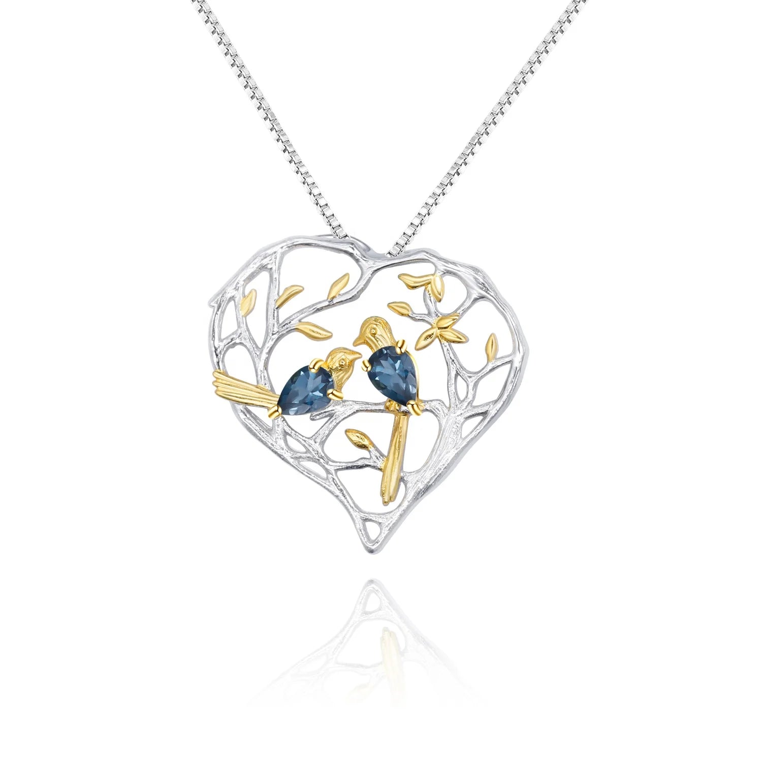Abiding Natural London Blue Topaz Gemstones Jewelry 925 Sterling Silver Handmade Bud Bird Heart Women's Pendant Necklace