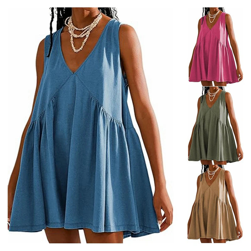 2025 Summer Bohemian Style High Waist Pleated Short Skirt Dress Elegant Casual Dress Summer Dresses Women