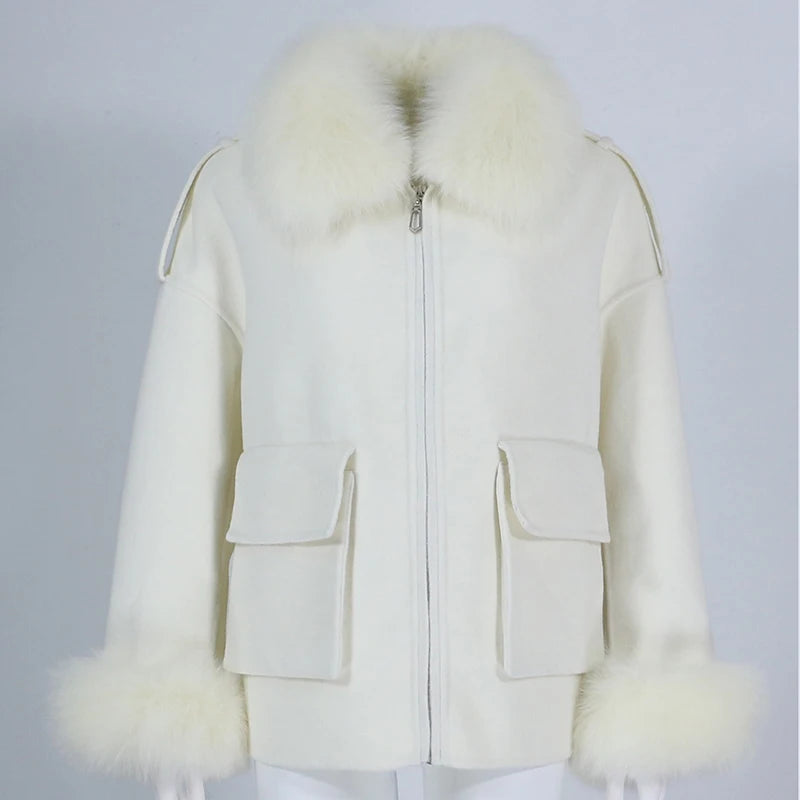 OFTBUY2023 Women's Slim Winter Jacket Natural Fox Fur Collar Cuffs Pockets New Real Fur Coat Outerwear Featuring Wool Cashmere