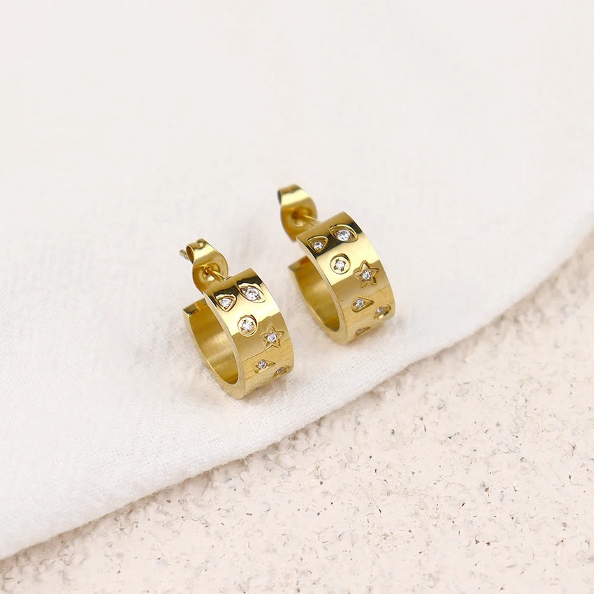 Minos Jewelry Trendy Minimalist Custom PVD 18K Gold Plated Hollow Small North Star Hoop Earrings Stainless Steel