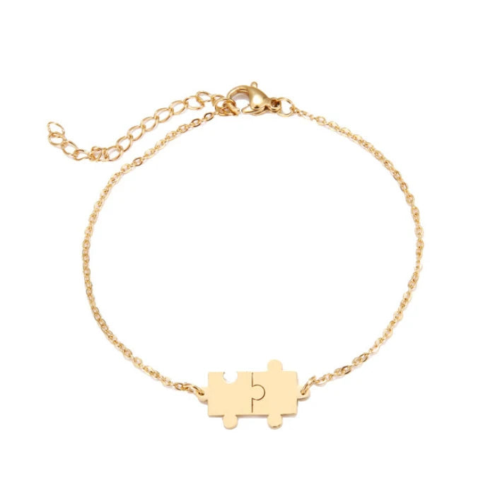 18k Gold Plated High Polish Trendy Best Selling Lover's Engagement Jewelry Custom Engraved Stainless Steel Jigsaw Bracelet