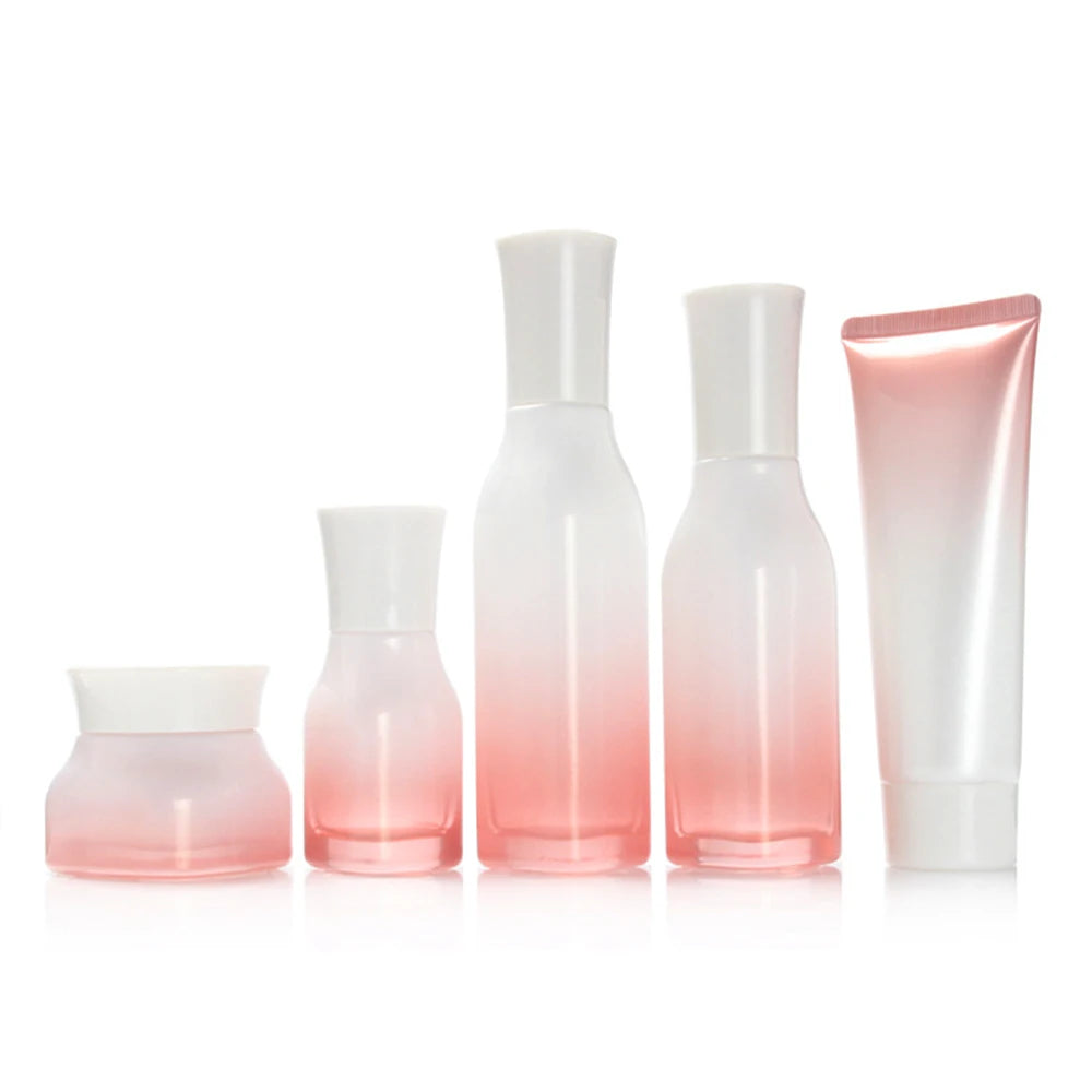 Pink Gradient Cosmetic Glass Spray Bottle Set 120ml 100ml 40ml Facial Toner Bottle 100g Soft Tube Cream Jar Lotion Pump Bottle