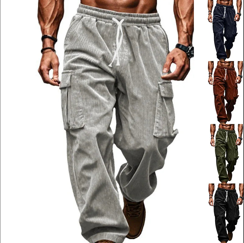 Men's High Waist Corduroy Trousers Autumn Winter Casual Breathable Wide Leg Pants with Drawstring Closure Multi-Pocket