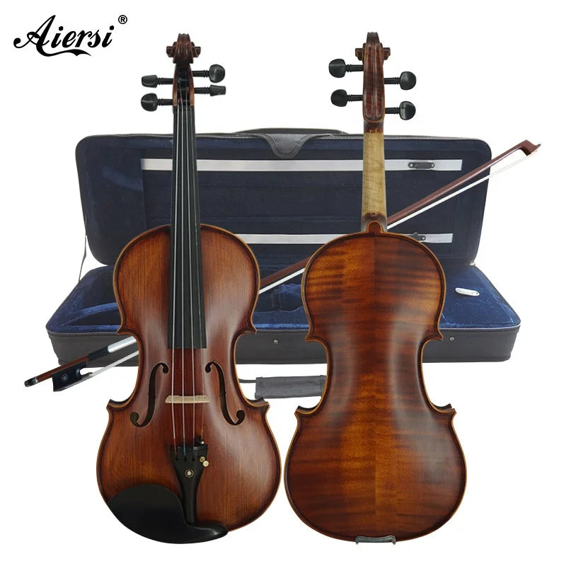 Hot Sellling Matt Professional Carved Spruce Violin with Case Bow Flame Maple String Musical Instrument HV900