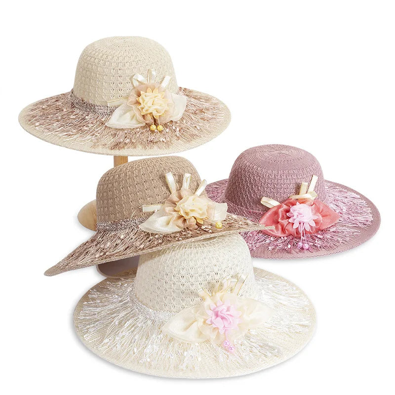 Factory Price New Summer Female Sun Hats Flower Ribbon Panama Beach Hats for Women Bucket Floppy Straw Hat