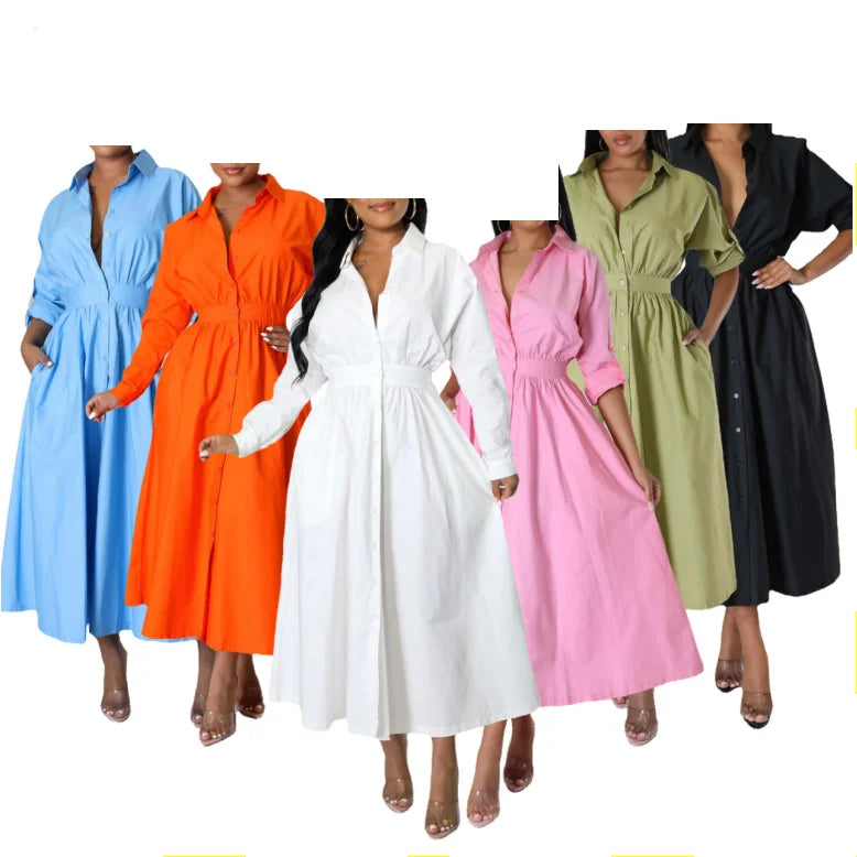 S-XL Fashion Dress Waist Cinched Slightly Elastic Shirt Skirt Loose Long Sleeved Long Skirt