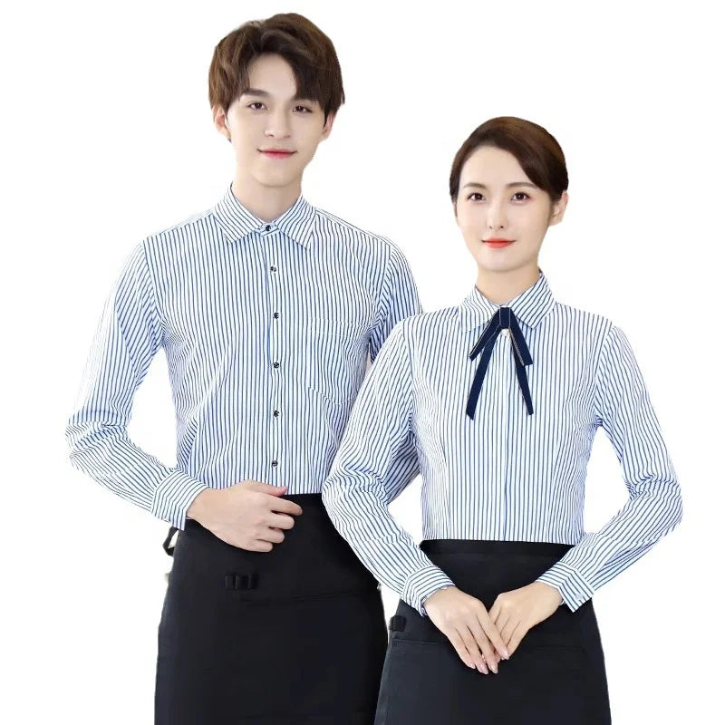 Unisex Striped Hotel Clothing Long-Sleeved Work Clothes for Baking Catering Western Restaurants Woven Waiter Waitress Uniforms
