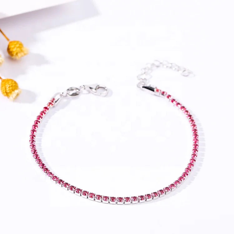 New Trendy Lab Diamond Pink Zircons Adjustable Tennis Bracelet 925 Silver for Women