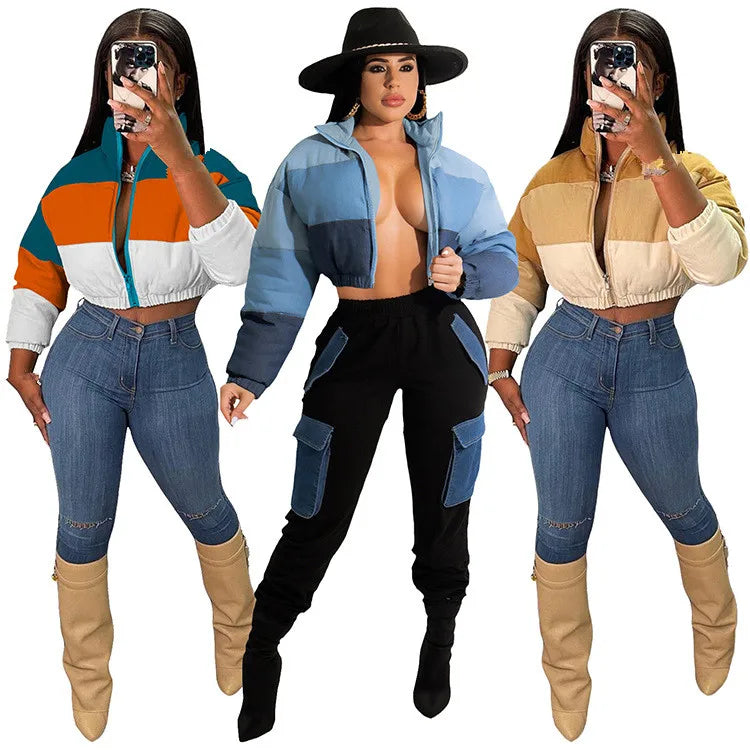 2025 Autumn Winter Women's Cropped Puffer Jacket Zip-Up Bubble Coat with Breathable Cotton Down Warm Fashion Clothes for Ladies