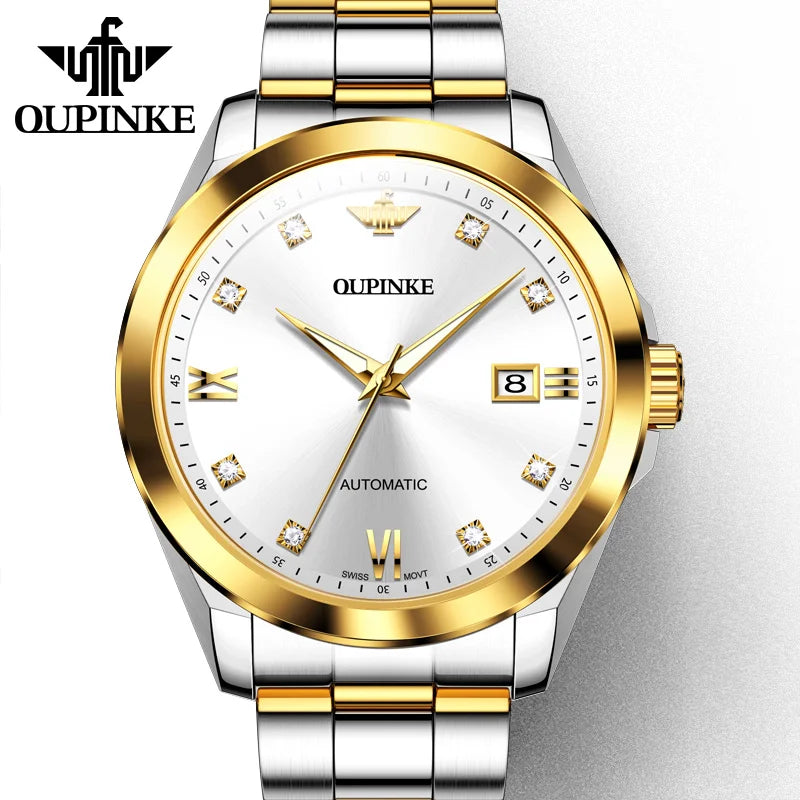 OUPINKE 3199 Men Brand Automatic Winding Mechanical Watch Real Diamond Watch Luxury Classic Business 5ATM Waterproof Clock