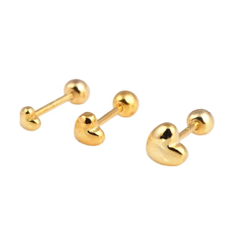 QS457 Gold Plated Piercing Earring Heart Mini Stud Earrings 925 Sterling Silver Jewelry