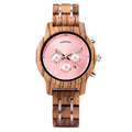 2026 Drop Auto Date Quartz Pointer Multi-functional Women Handmade Natural Wooden Watches OEM with Pink Dial