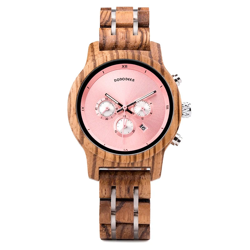 2026 Drop Auto Date Quartz Pointer Multi-functional Women Handmade Natural Wooden Watches OEM with Pink Dial