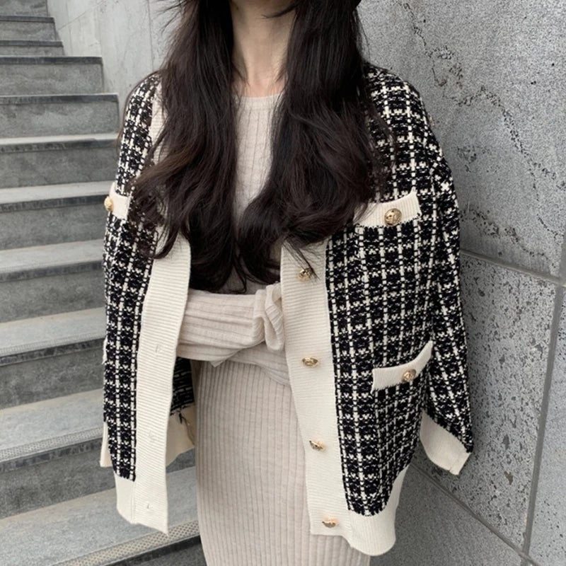Wholesale 2026 Autumn and Winter Retro Thousand Bird V-Neck Single Breasted Loose Long Sleeve Knitted Cardigan Sweater Coat
