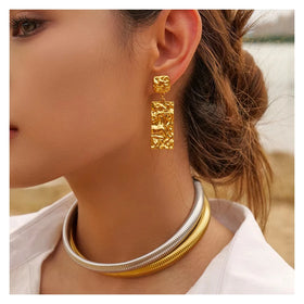 Exaggerated Irregular 18k Gold Plated Statement Earrings Stainless Steel Hammered Texture Rectangular Pendant Drop Earrings