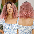 Japanese Future Synthetic Dark Hair Root Pink Short Curly Hair Lace-Up Front Wig Ombre Loose Wave T-Shaped Lace