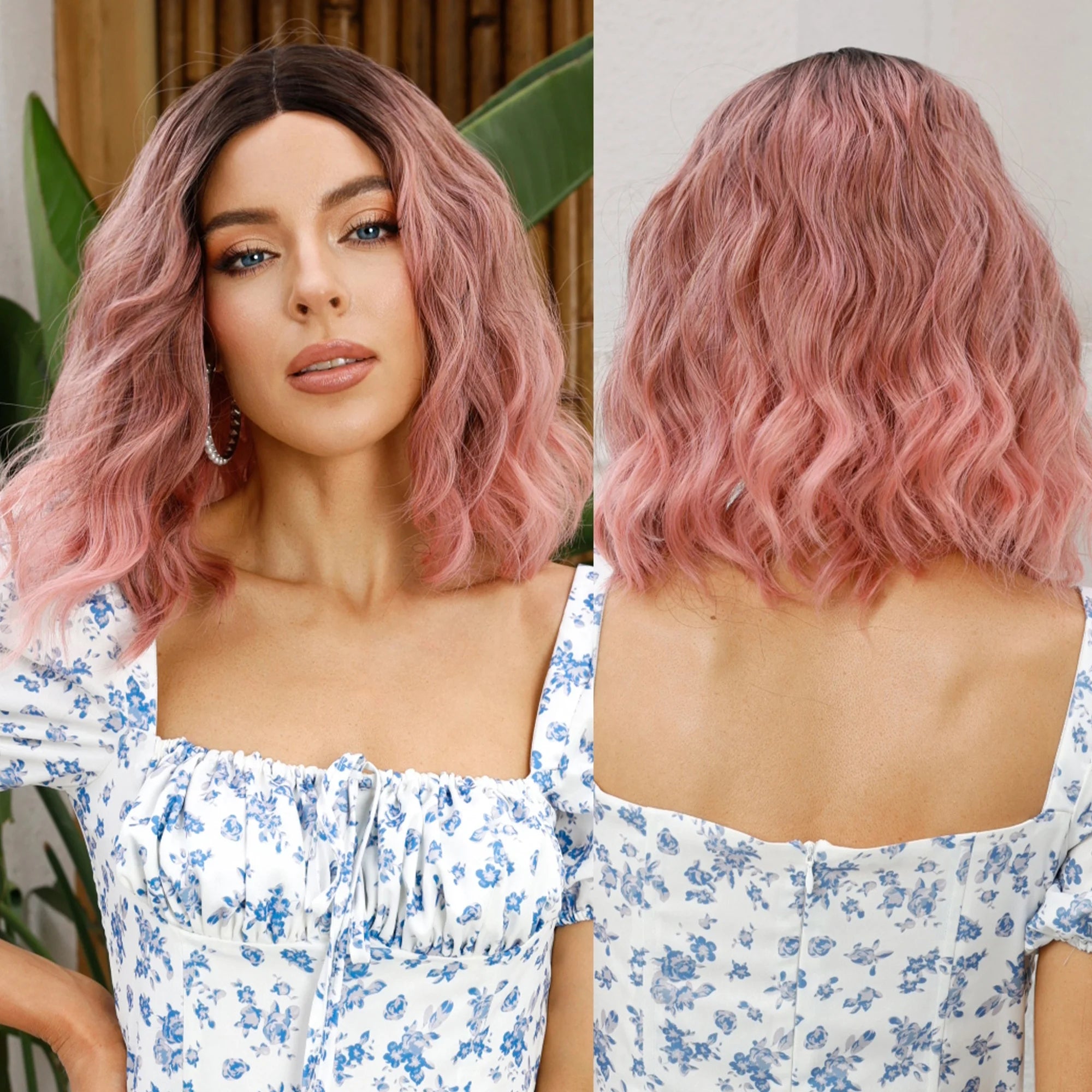 Japanese Future Synthetic Dark Hair Root Pink Short Curly Hair Lace-Up Front Wig Ombre Loose Wave T-Shaped Lace