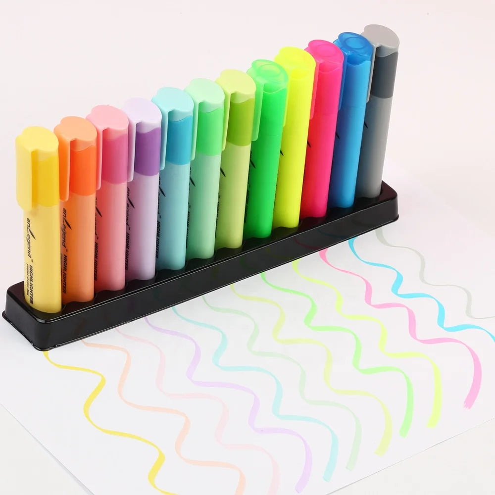 Enlegend Premium 12 Colors Set Oval Shape Chisel Tip Stationery Highlighter Marker Set for Office & School Use