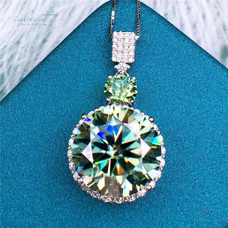 Silver 925 Original Total 16 Carat Round Brilliant Cut Diamond Test Past Green Moissanite Pendant Necklace Women Fine Jewelry